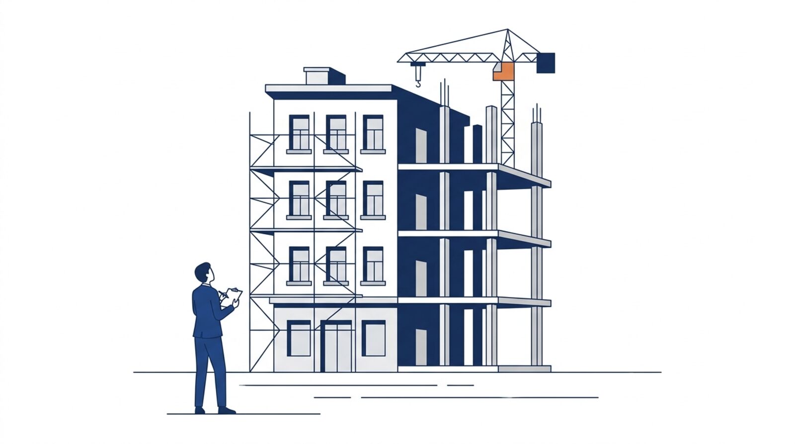 Flache Editorial-Illustration in Navy und Weiß: Ein Architekt mit Klemmbrett betrachtet ein Gebäude, dessen linke Hälfte ein eingerüsteter, frisch sanierter Bestandsbau ist und dessen rechte Hälfte nur als offener Rohbau mit Kran existiert